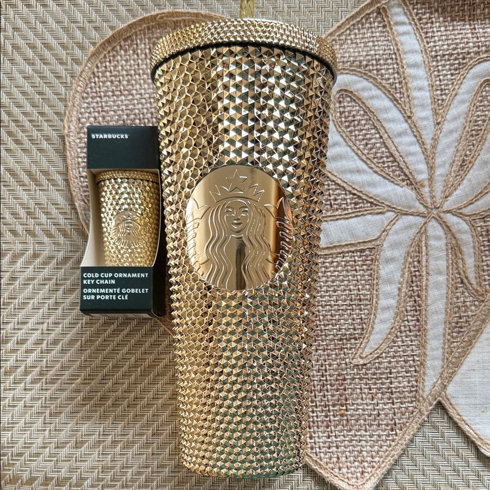 Starbucks Gold Diamond Textured Tumbler & Ornament Key Chain
